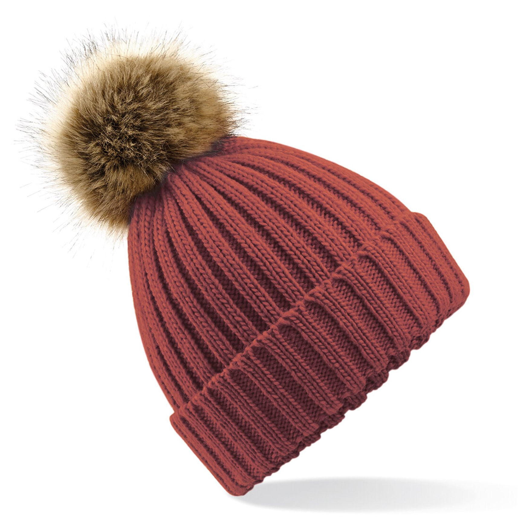 Boné de malha larga com pompom de pele b412 - Orange rust